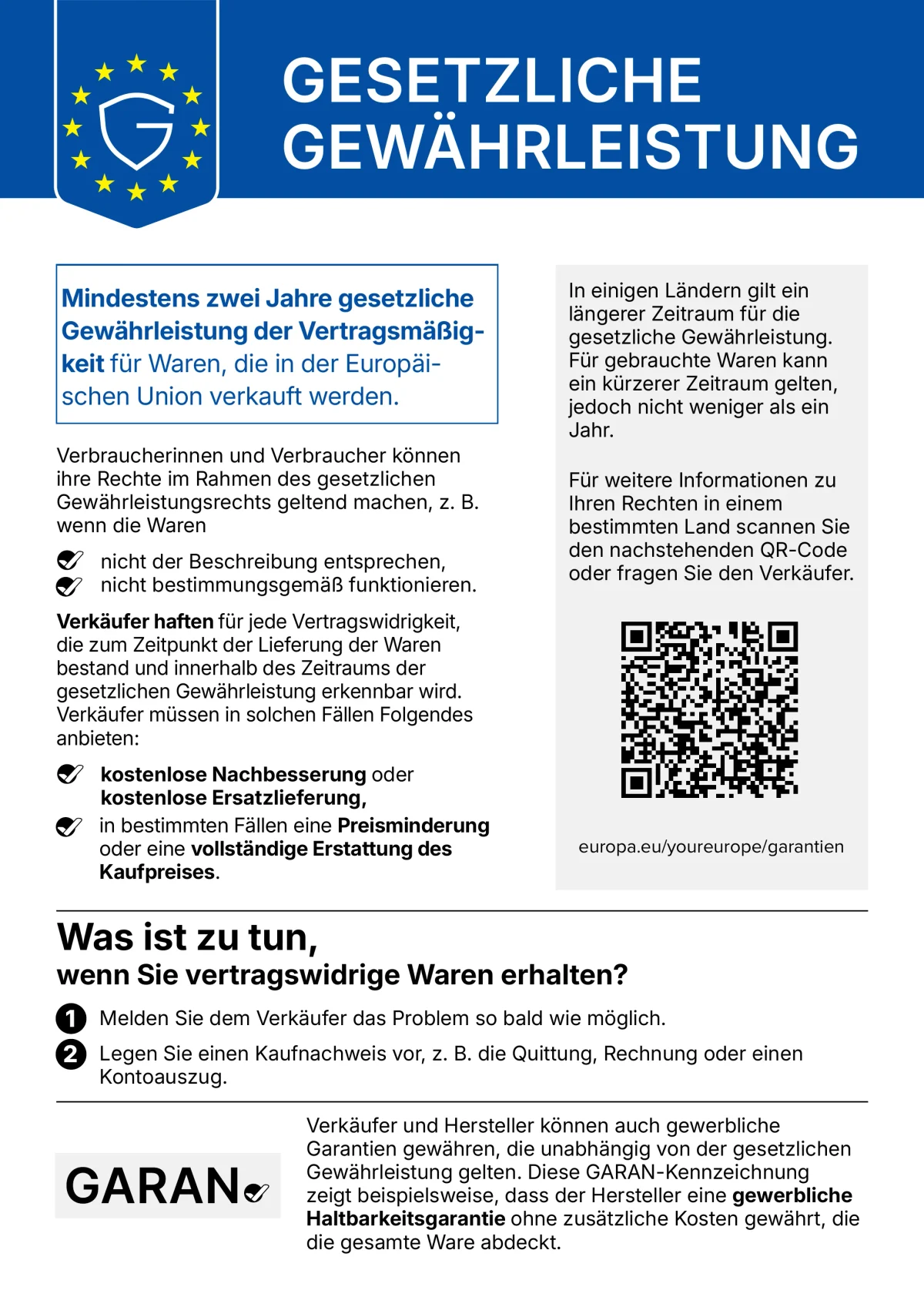 EU-Mitteilung zur gesetzlichen Gewährleistung: Mindestens zwei Jahre Gewährleistung für in der EU verkaufte Waren. Details siehe Text und PDF unten